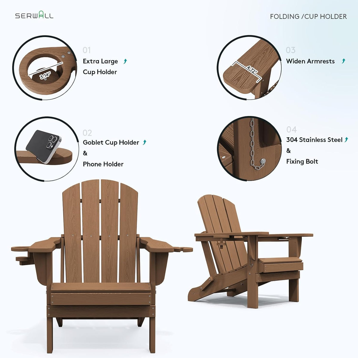 SERWALL Outdoor Adirondack Chair Set of 2 with Cup Holders,Foldable,Brown