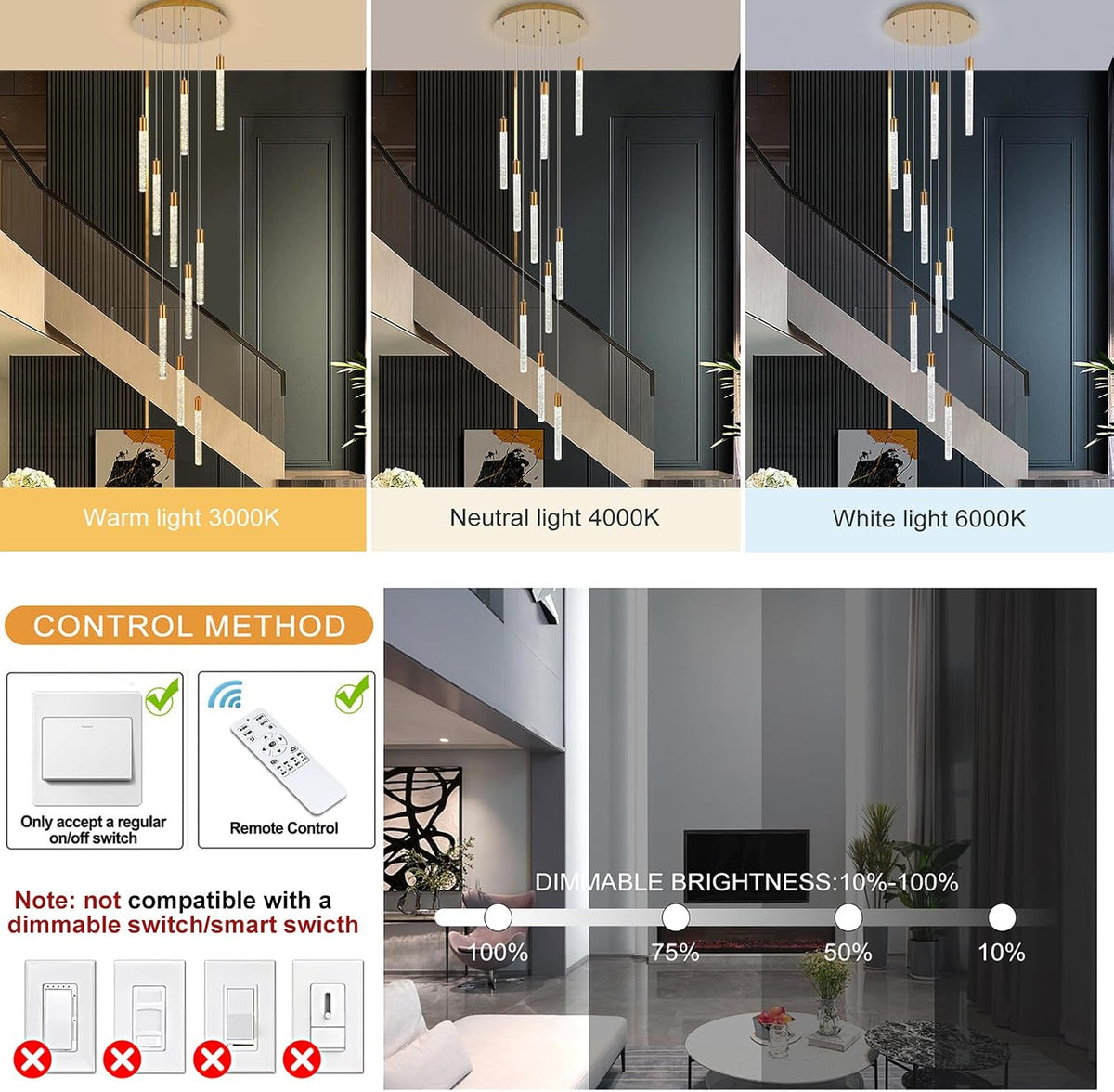 GEADI 10-Light Modern Crystal High Ceiling Chandelier for Foyer & Staircase