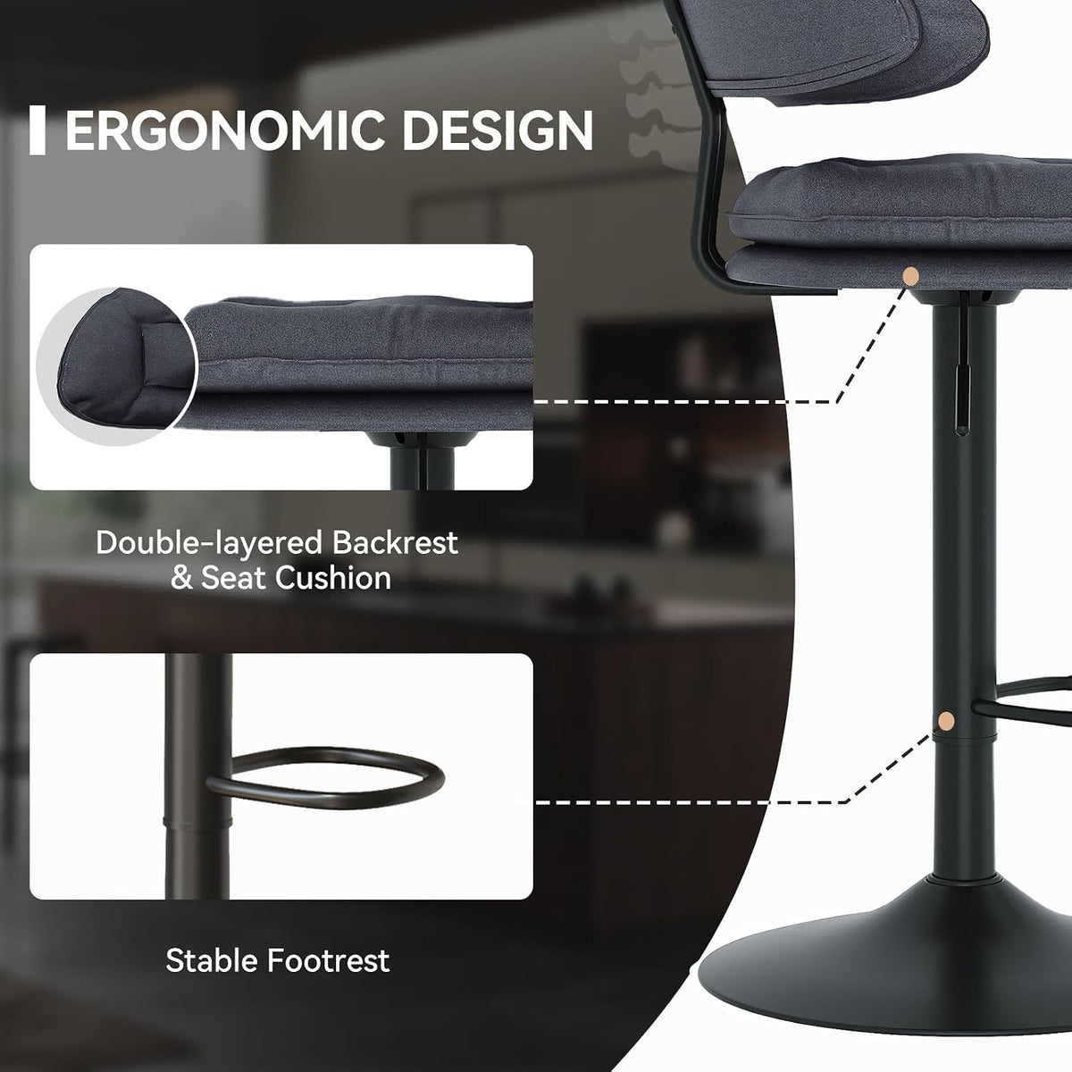 Nalupatio Modern Bar Stools Set of 2, Spacious Ergonomic Double-Layer Cushion Upholstered Swivel Bar Stools with Backrest, Adjustable for Kitchen Island,（Charcoal Black）