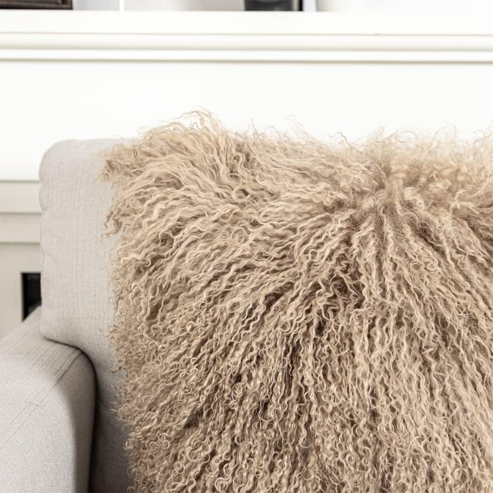 Mongolian Lamb Fur Throw Pillow Cover (20'' x 20'', Khaki)