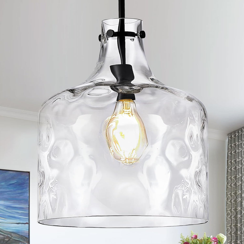 CATINER 16" Farmhouse Hammered Glass Pendant Light, Black Hanging Light