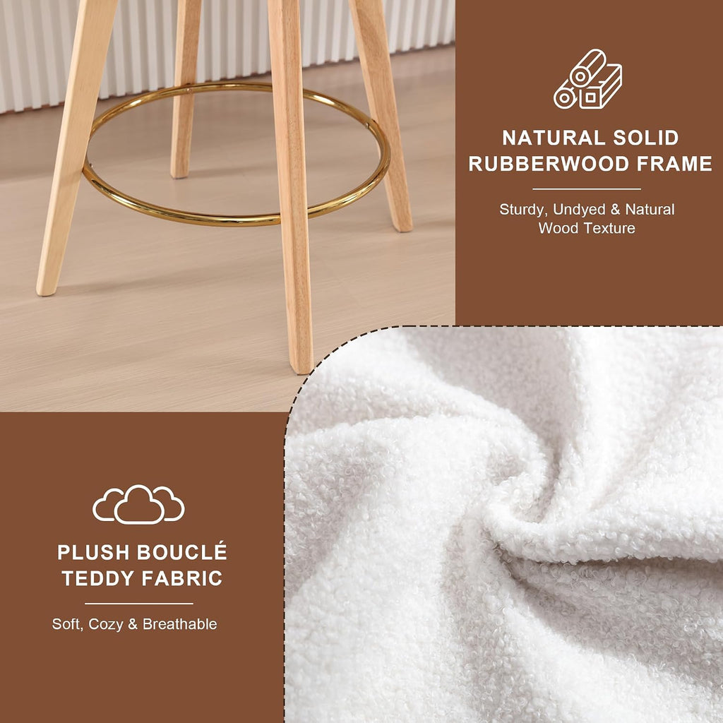 ONEVOG Boucle 26" Counter Height Bar Stools Set of 4, Swivel Modern Kitchen Island Tall Chairs with Back, Arm, Footrest and Wooden Legs, Sherpa Fabric Upholstered Barstools for Pub/Dining Room, White