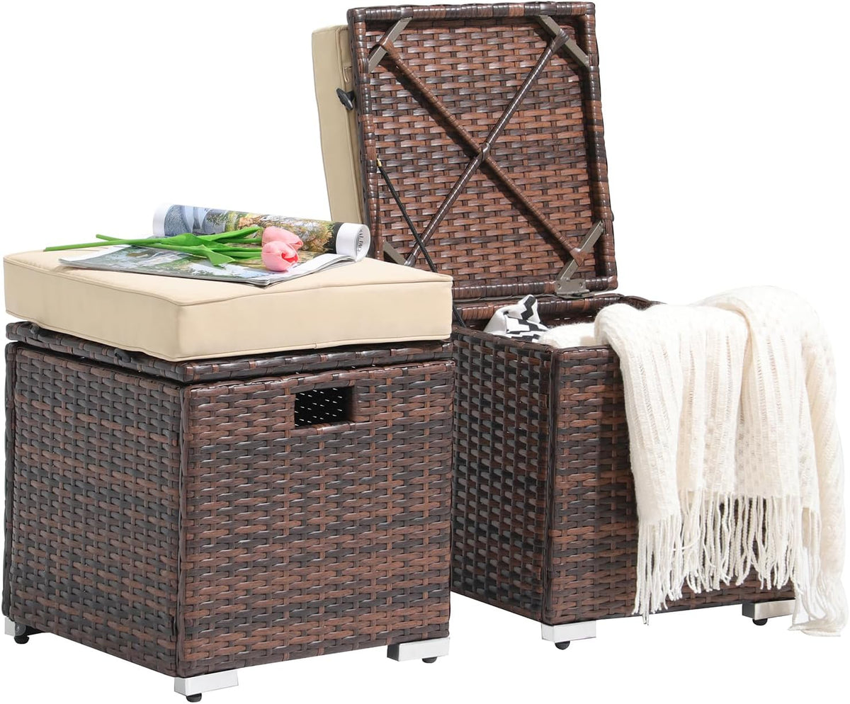 Patiorama 2 Piece Outdoor Patio Ottoman with Storage, Wicker, Beige