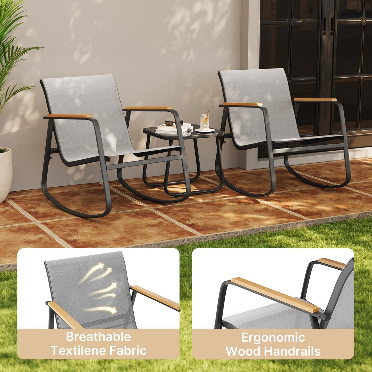 Aiho 3 Piece Patio Bistro Set, Textilene Rocking Chairs for Porch, Gray