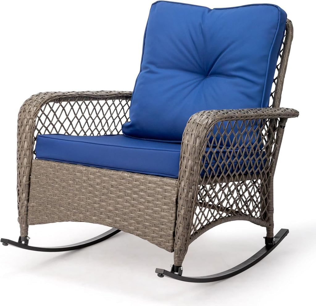 Outvita Outdoor Wicker Rocking Chair w/Cushions & Steel Frame, Navy Blue