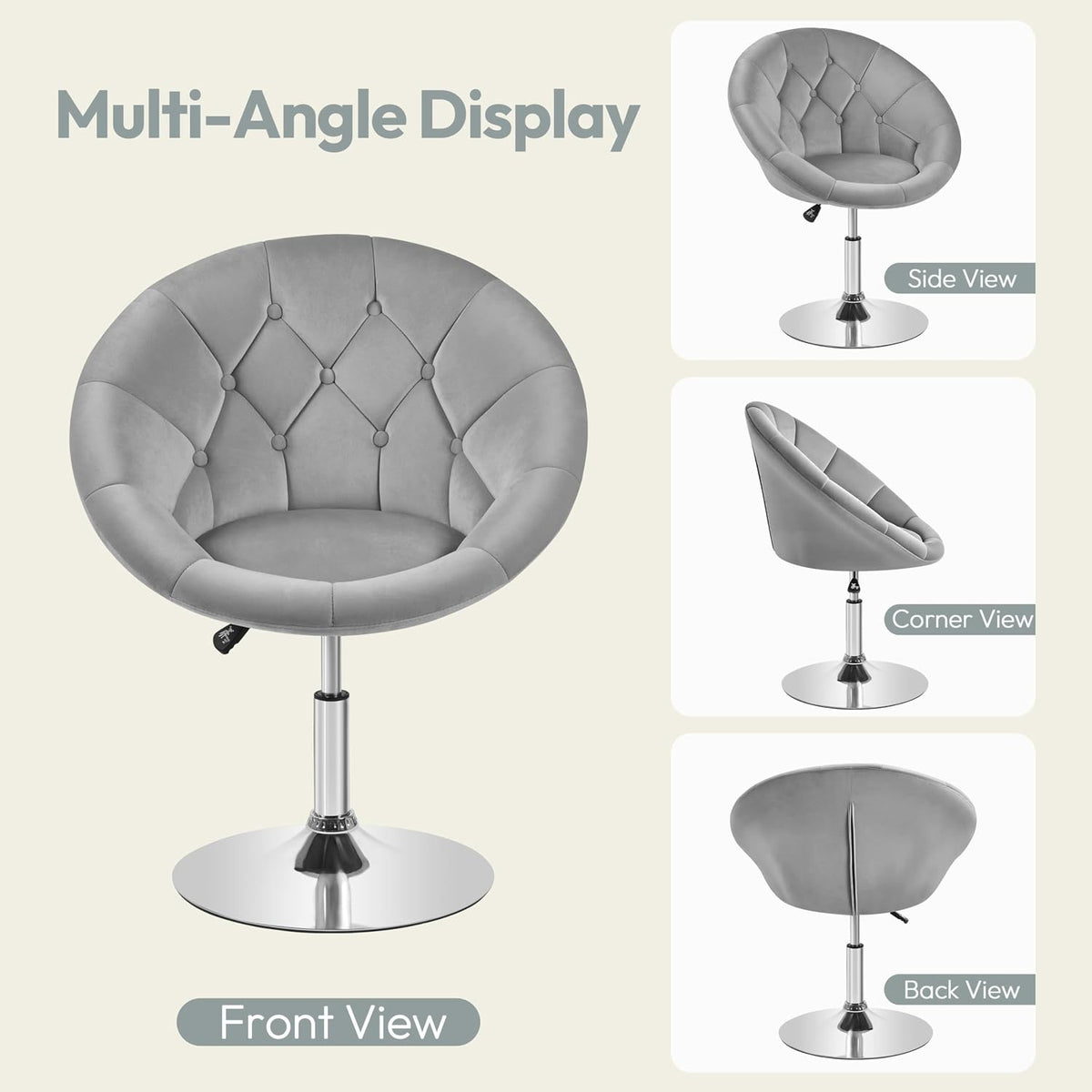 Yaheetech Adjustable Swivel Vanity Chair, Velvet Vanity Chair, Gray