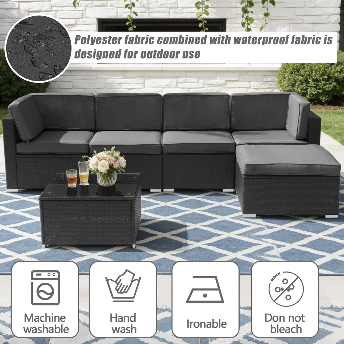 11 Pcs Outdoor Patio Cushion Cover Replacement, Waterproof Patio Cushion Covers, Outdoor Furniture Cushion Covers Set for 6 Seat Wicker Rattan Sofa (Dark Black)