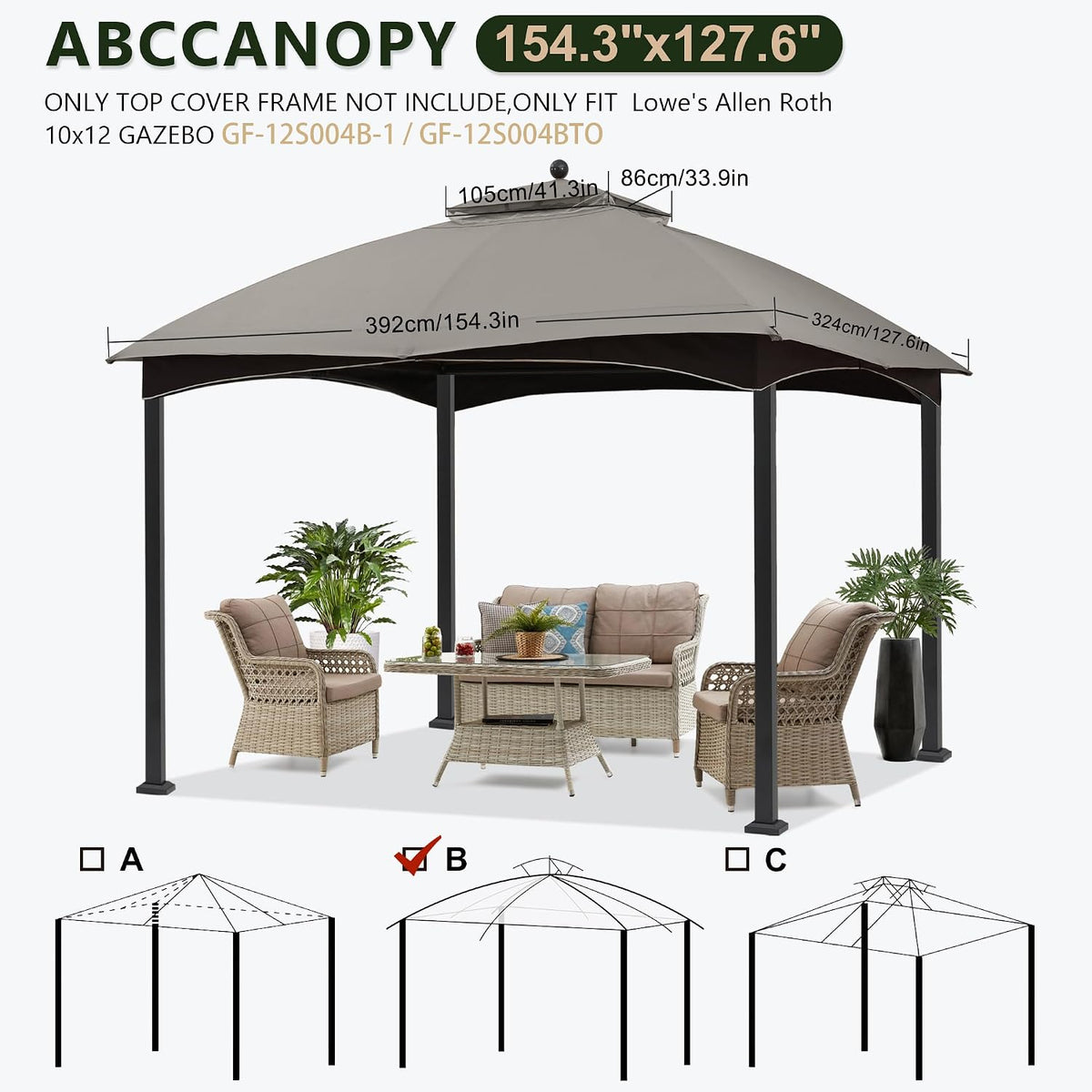 abccanopy gazebo replacement canopy for #gf-12s004b-1, gray showing dimensions
