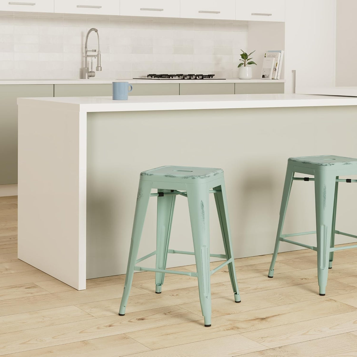 24 Inch Metal Bar Stools Set of 2, Stackable for Indoor Outdoor, Mint Green