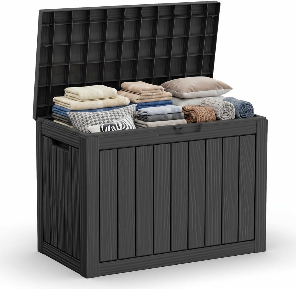 DRATO 45 Gallon Deck Box, Outdoor Storage Box for Patio Furniture, Patio Cushions, Gardening Tools, Pool Supplies 480lbs Weight Capacity, Waterproof Resin Storage Boxes (Black, 45 Gallon)