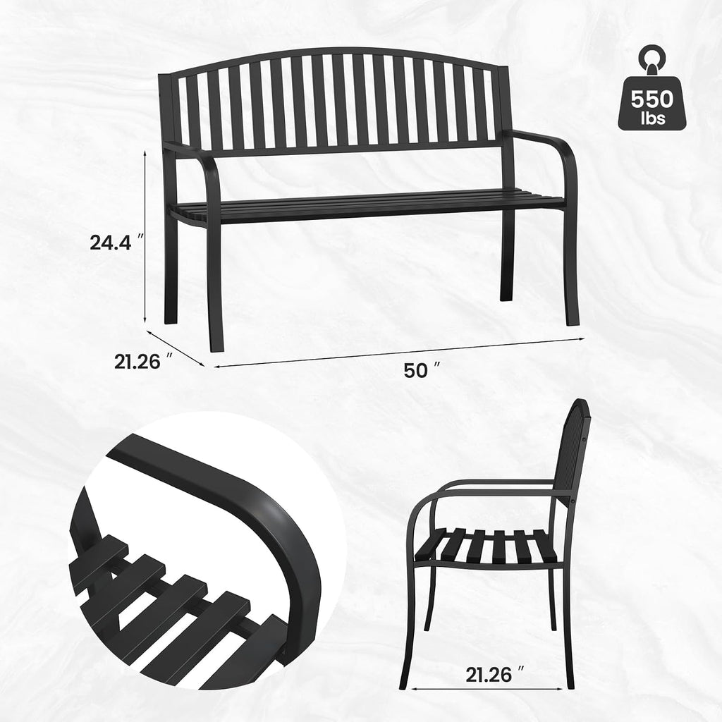 50" Outdoor Bench, Heavy-Duty Metal Frame Graden Bench, Weatherproof Patio Park Bench for Front Porch, Park, Yard, Patio