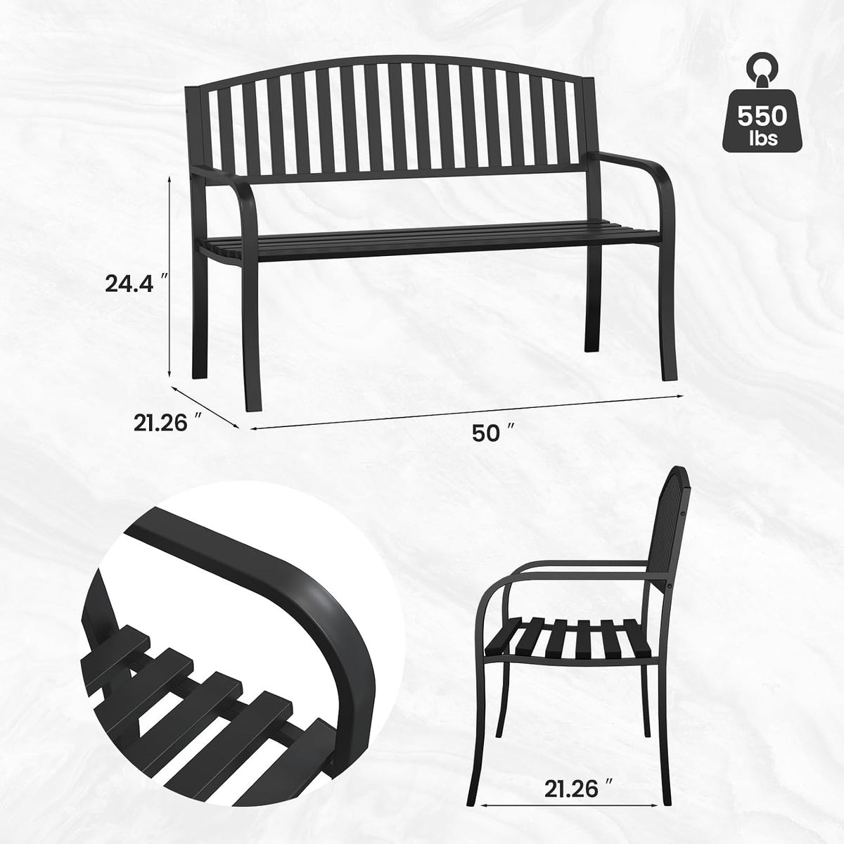 50" Outdoor Bench, Heavy-Duty Metal Frame Graden Bench, Weatherproof Patio Park Bench for Front Porch, Park, Yard, Patio