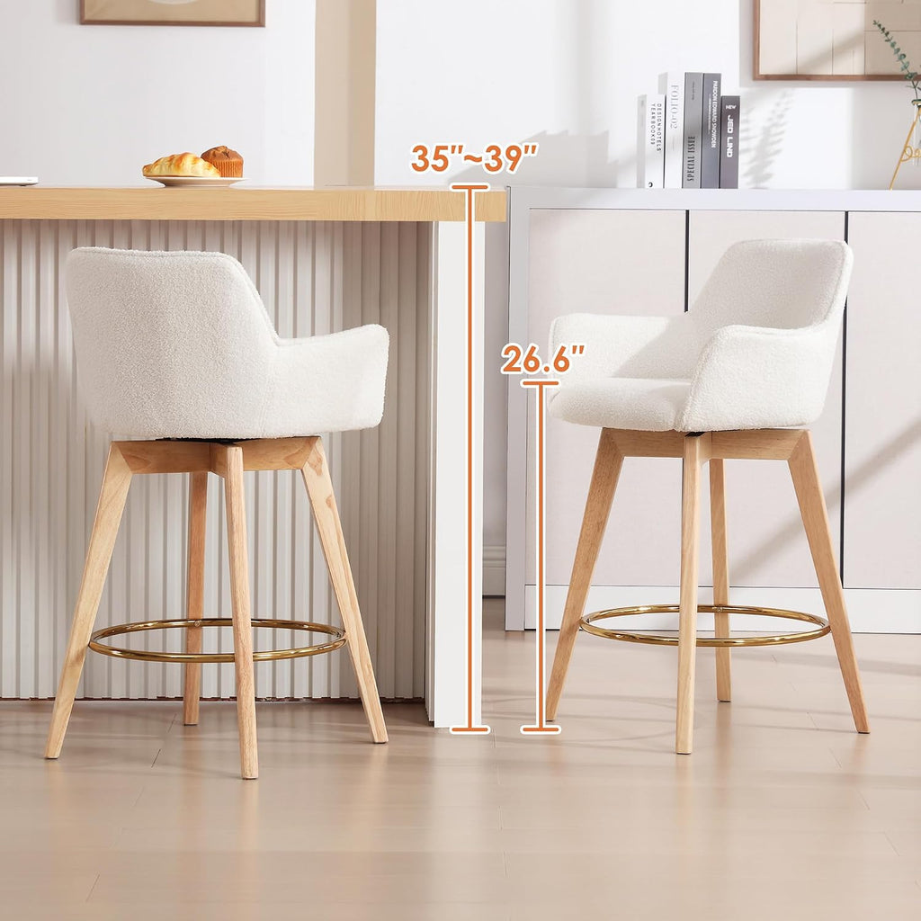 ONEVOG Boucle 26" Counter Height Bar Stools Set of 4, Swivel Modern Kitchen Island Tall Chairs with Back, Arm, Footrest and Wooden Legs, Sherpa Fabric Upholstered Barstools for Pub/Dining Room, White