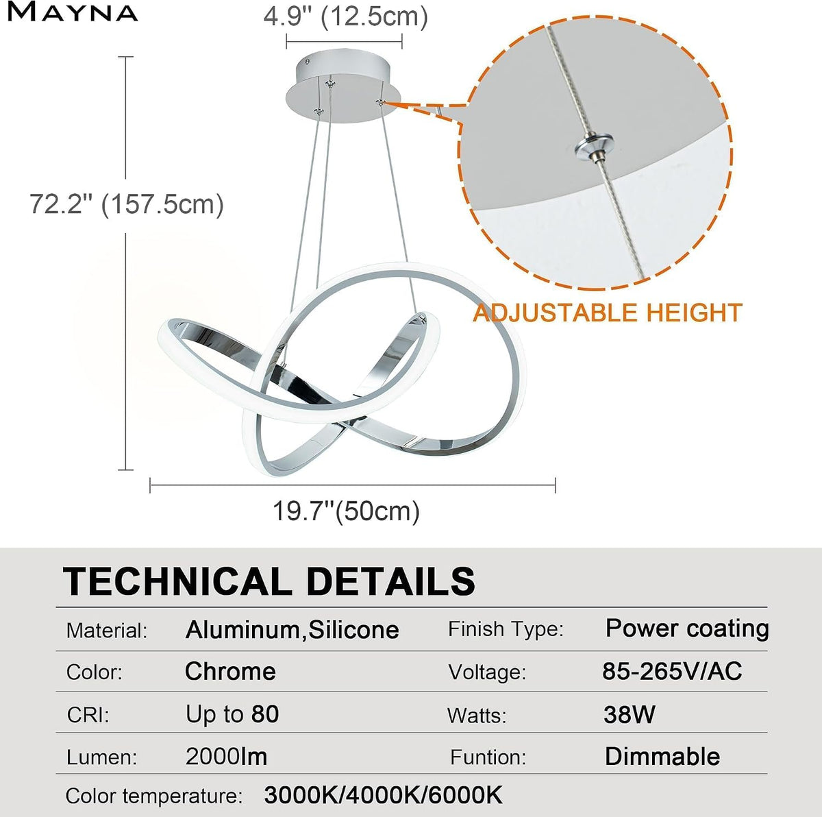 MAYNA Modern LED Chandelier,3000K-6000K Dimmable with Remote Control