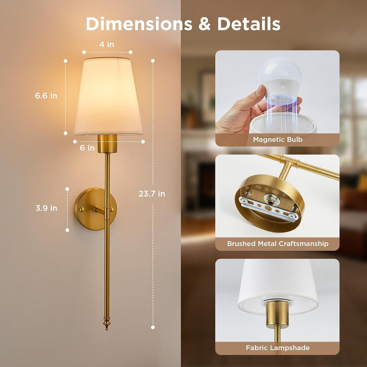 Brightown Battery Operated Wall Sconces Set of Two,Gold Sconces Wall Decor