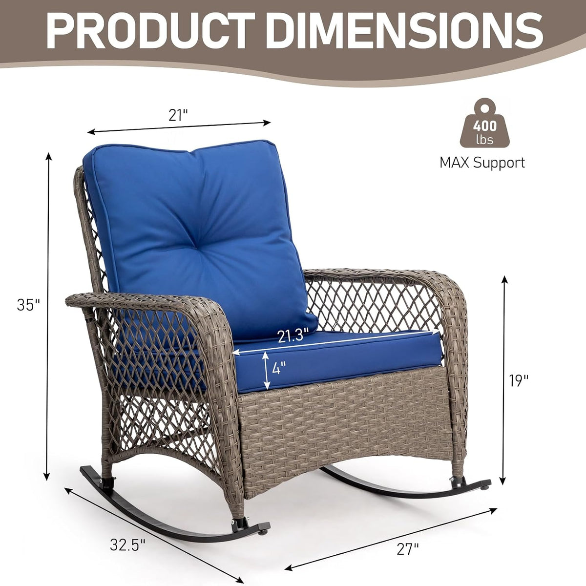 Outvita Outdoor Wicker Rocking Chair w/Cushions & Steel Frame, Navy Blue