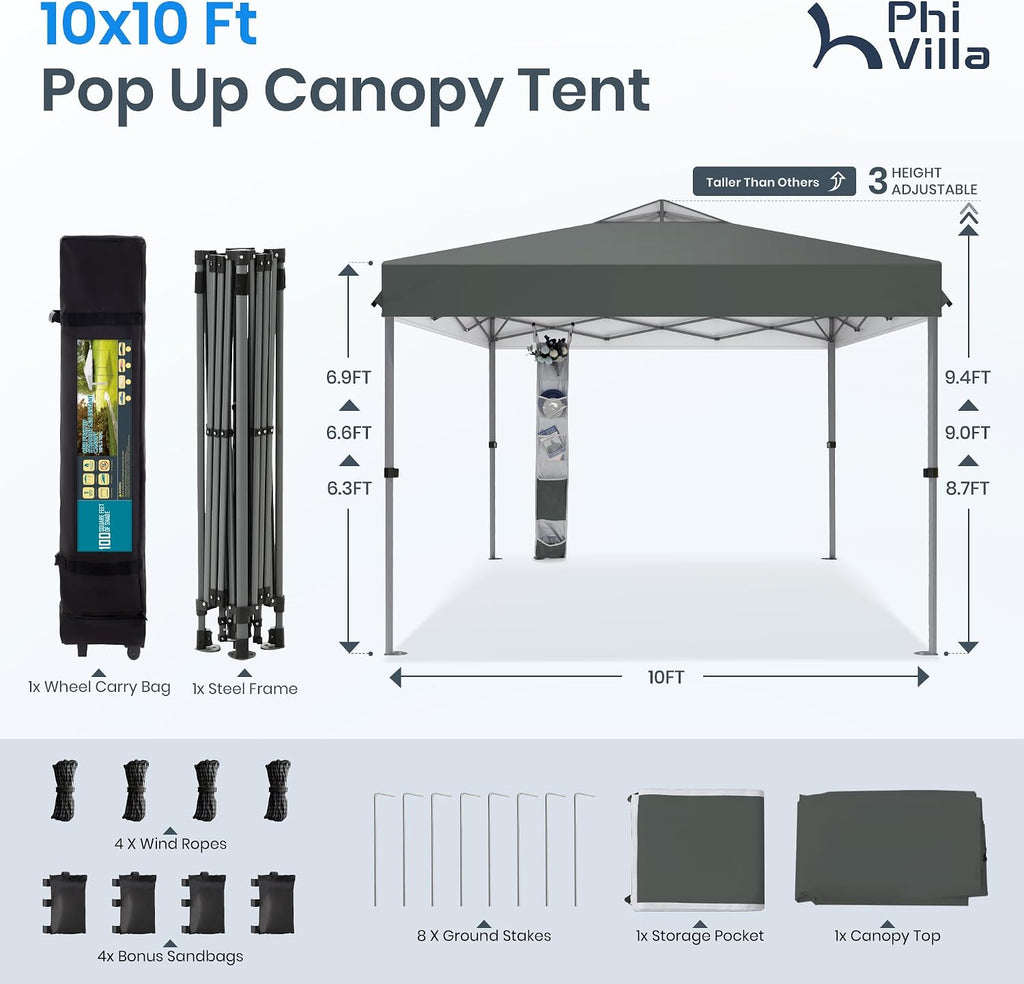 PHI VILLA 10x10 Pop up Canopy Tent, One Push Easy Set Instant Shade Tents