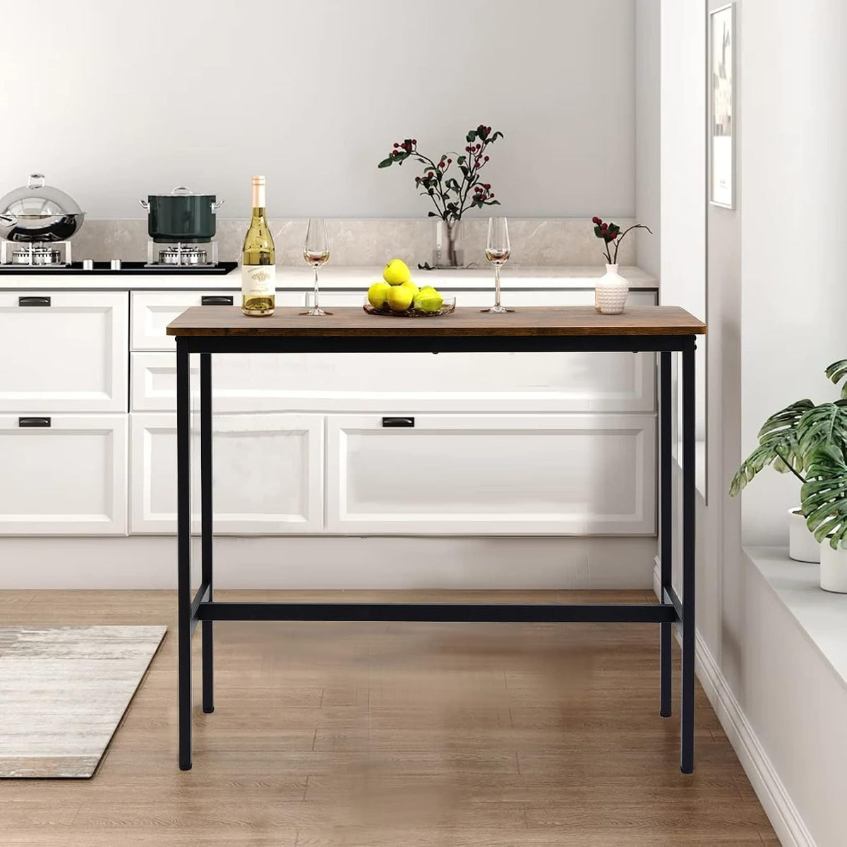 44.5" Bar Table, Pub Table with Adjustable Feet Floor Protector, Narrow Rectangular Kitchen Counter Bar Tables, Sofa High Top Tables with Black Metal Legs, Rustic Brown