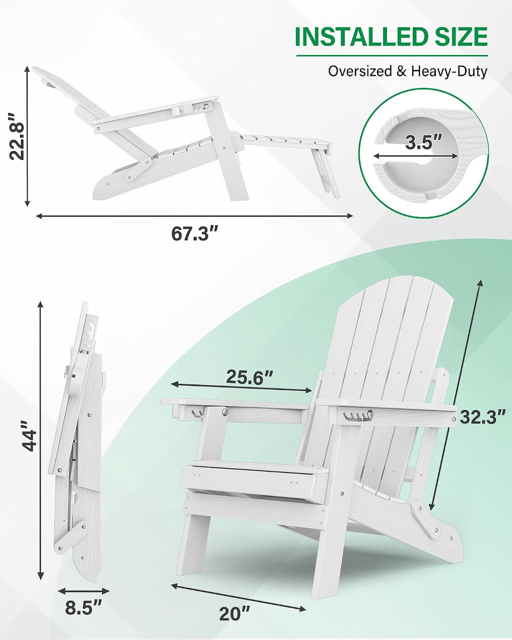 YEFU Adjustable Adirondack Chair with Footrest,All-Weather, Set of 2,White