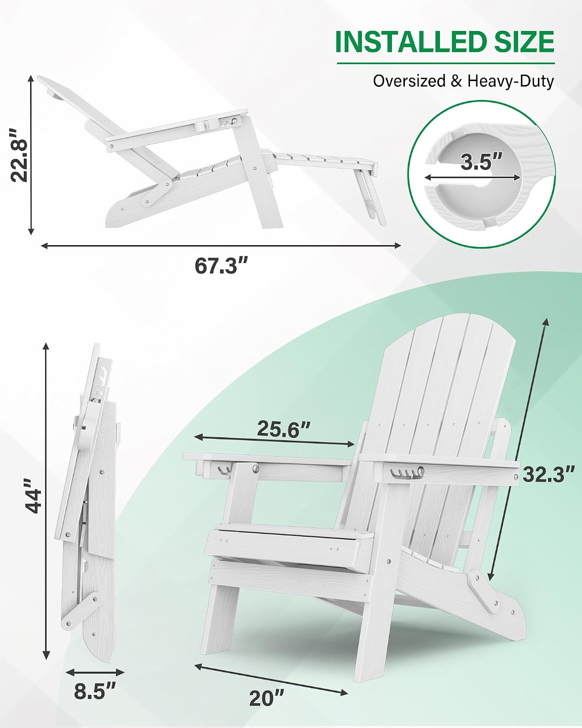 YEFU Adjustable Adirondack Chair with Footrest,All-Weather, Set of 2,White
