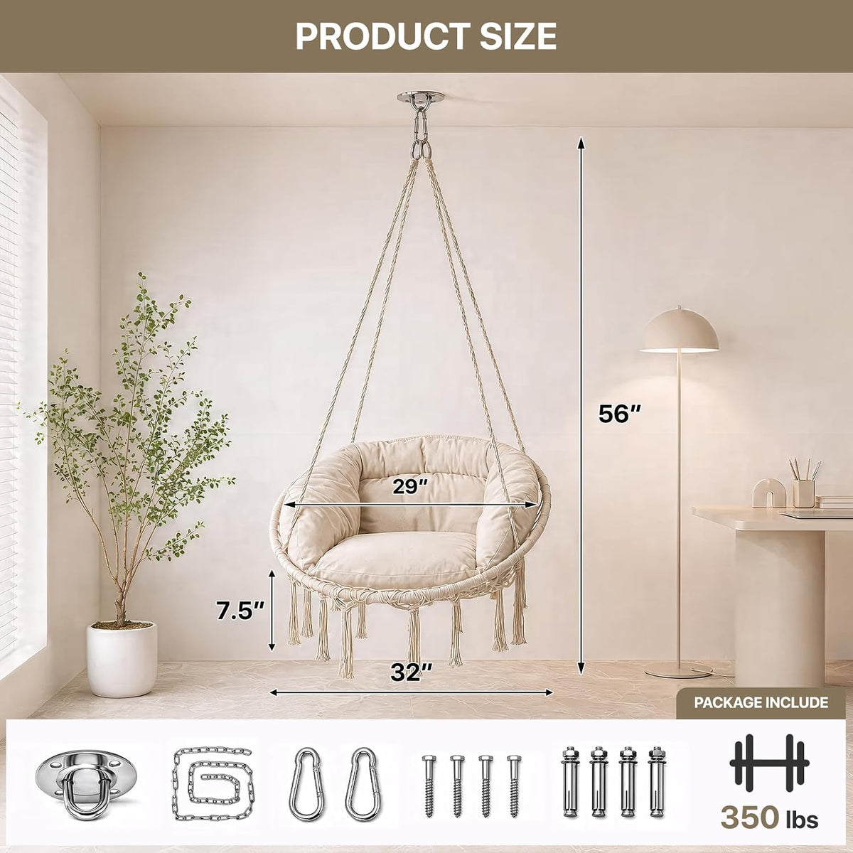 Athena Collection Hammock Chair with Hardware Kit & & Cozy Cushion, White