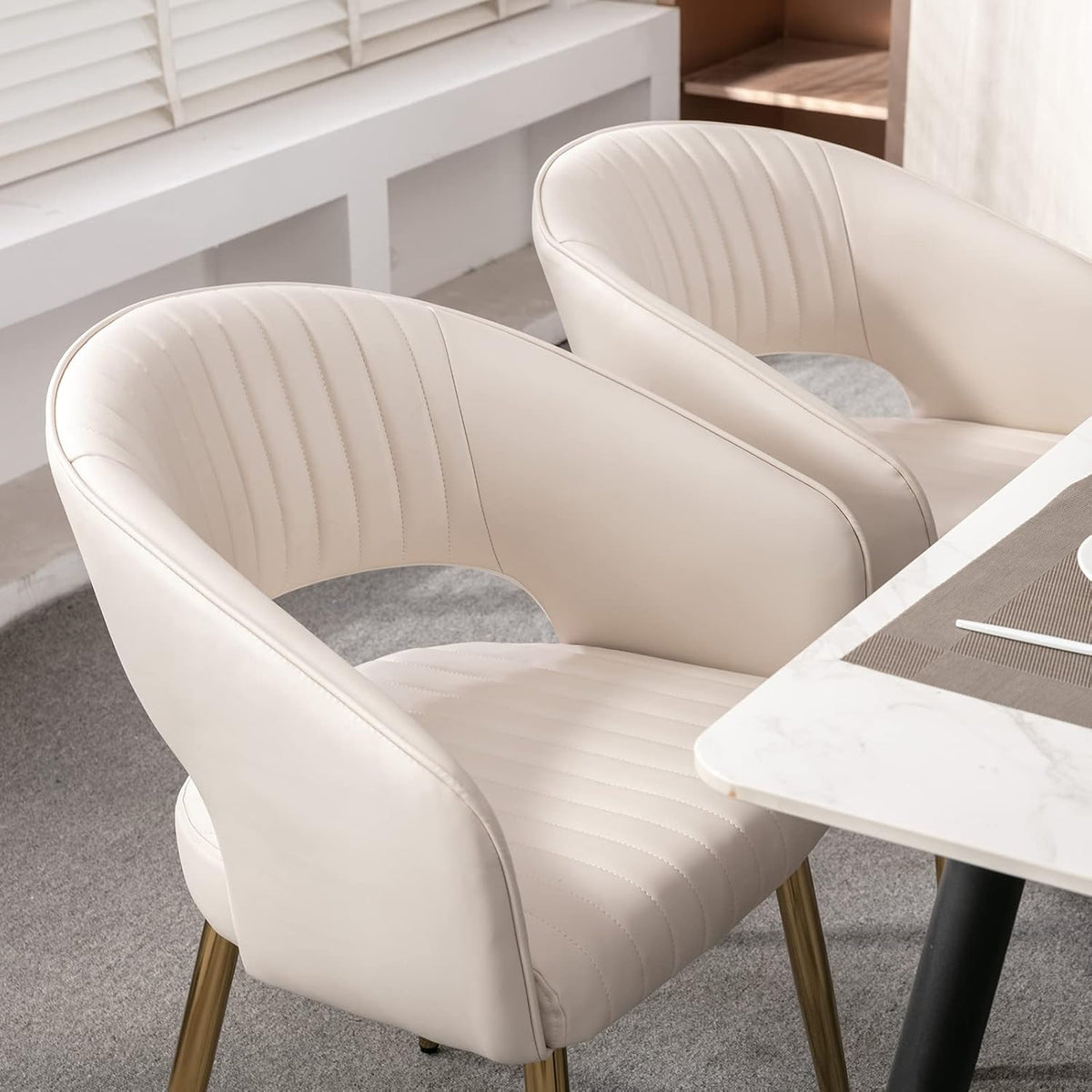 Modern Dining Chairs Set of 8, Upholstered PU Leather Gold Dining Room Chairs with Hollow Back, Accent Armrest Kitchen Chairs with Gold Legs for Living Room Cream