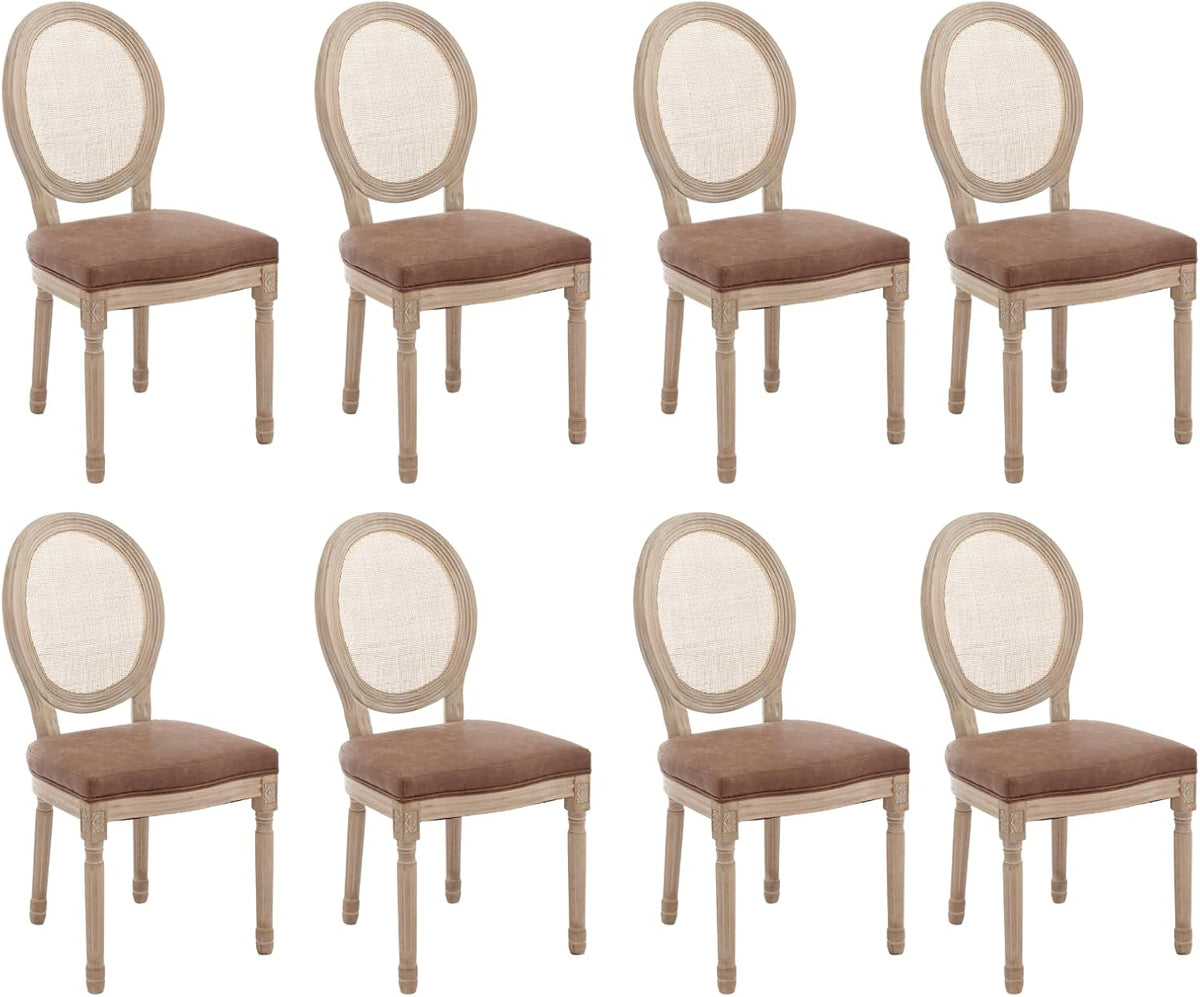 chairus Farmhouse Rattan Dining Chairs Set of 8, Leather French Country Chairs with Round Back, Oval Side Chairs for Kitchen/Restaurant/Dining Room/Living Room, Brown - 8 PCS