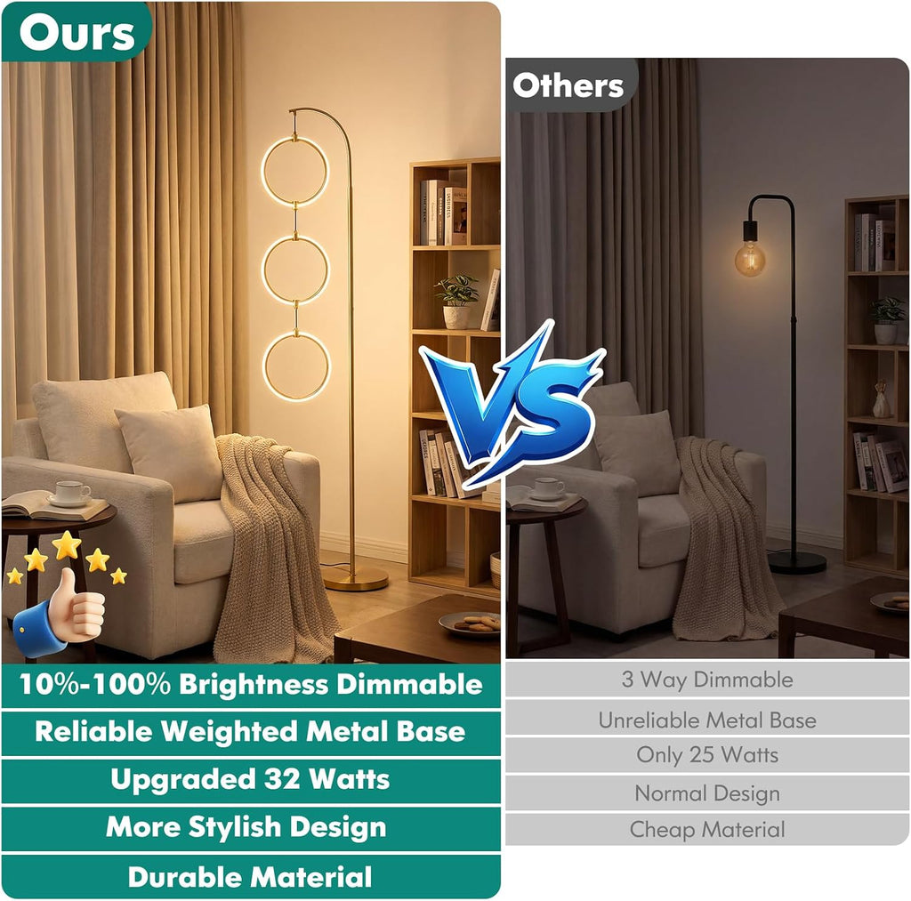 Bairth Gold 3-Light LED Floor Lamp, Modern Arc Floor Lamp for Living Room