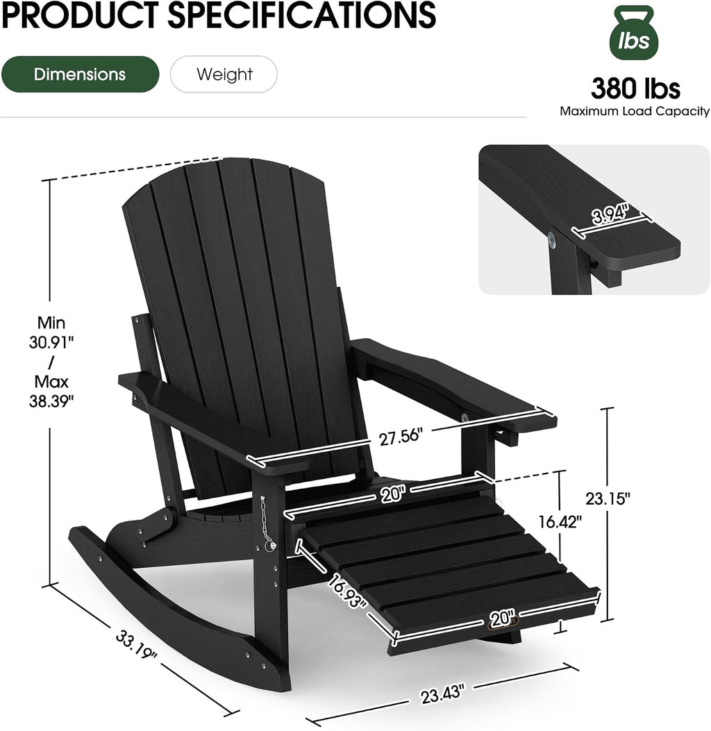 4-in-1 Adirondack Rocking Chair Set of 4, HDPE, Ottoman, Black