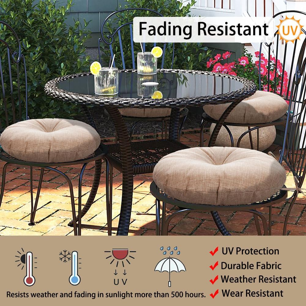 Magpie Fabrics Outdoor Round Bistro Seat Cushions with Ties, 15"x15"x4" Set of 2, Tufted Waterproof Barstool Chair Pads for Patio Home Garden Office, Light Brown Textured