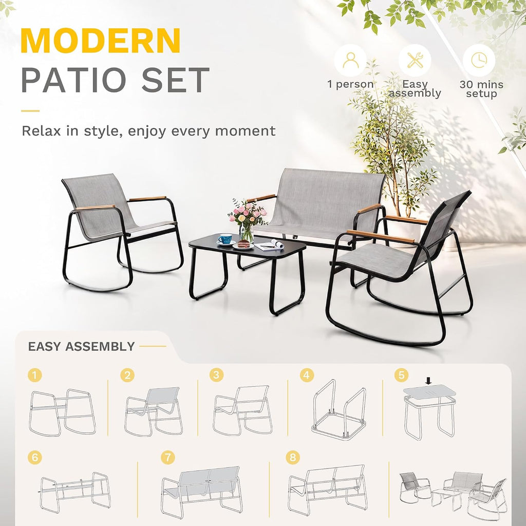 DWVO 4-Piece Rocking Patio Furniture Set, Textilene Conversation Set, Grey