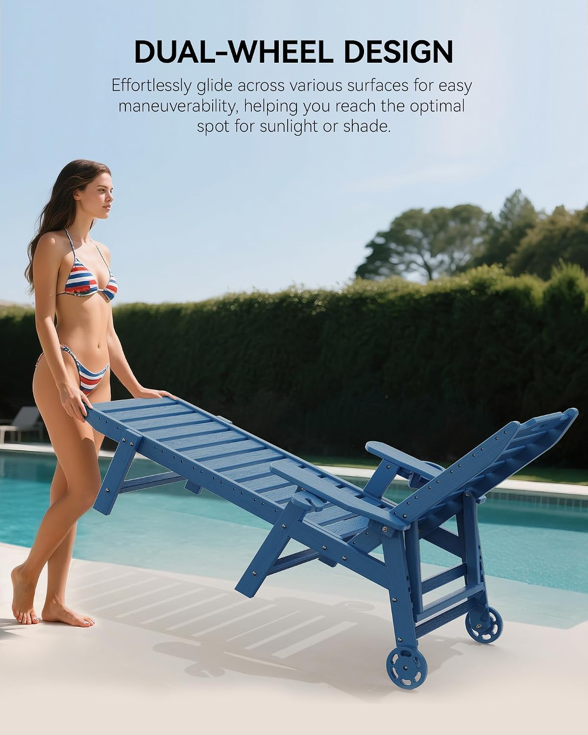 Carauci Lounge Chair Outdoor, HDPE Chaise Lounge with Wheels, 5-Position Adjustable Backrest & 2 Cup Holders Patio Lounge Chair, All-Weather Pool Sun Lounger for Poolside, Backyard, Blue