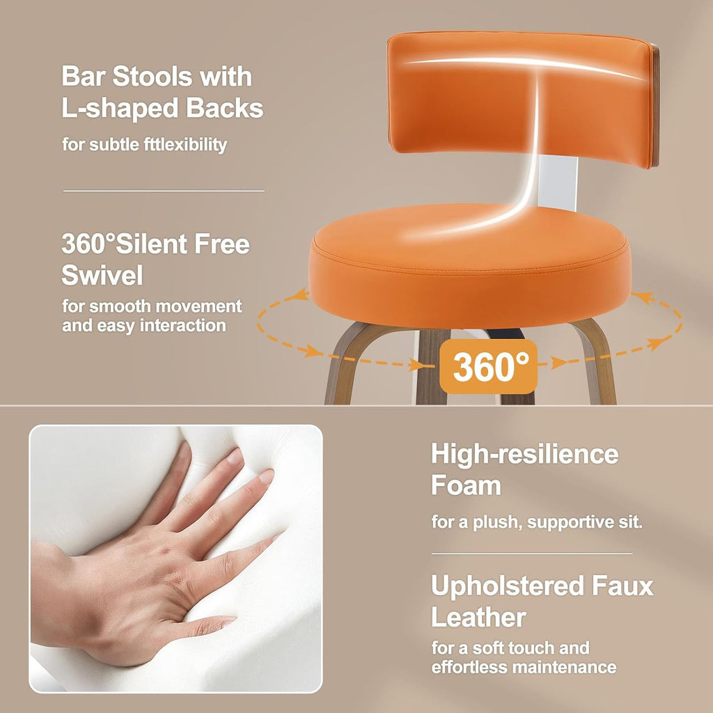 Bekrvio Swivel Counter Height Bar Stools Set of 2, Faux Leather Kitchen Stools Upholstered Barstools with Back, Walnut Wood Legs, Mid Century Island Chairs Counter Stools, 26" Seat Height, Orange