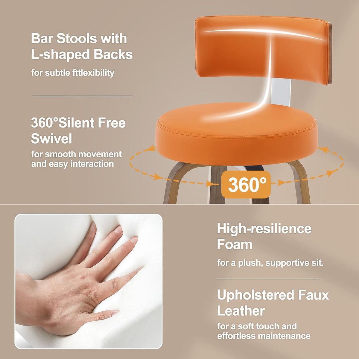 Bekrvio Swivel Counter Height Bar Stools Set of 2, Faux Leather Kitchen Stools Upholstered Barstools with Back, Walnut Wood Legs, Mid Century Island Chairs Counter Stools, 26" Seat Height, Orange