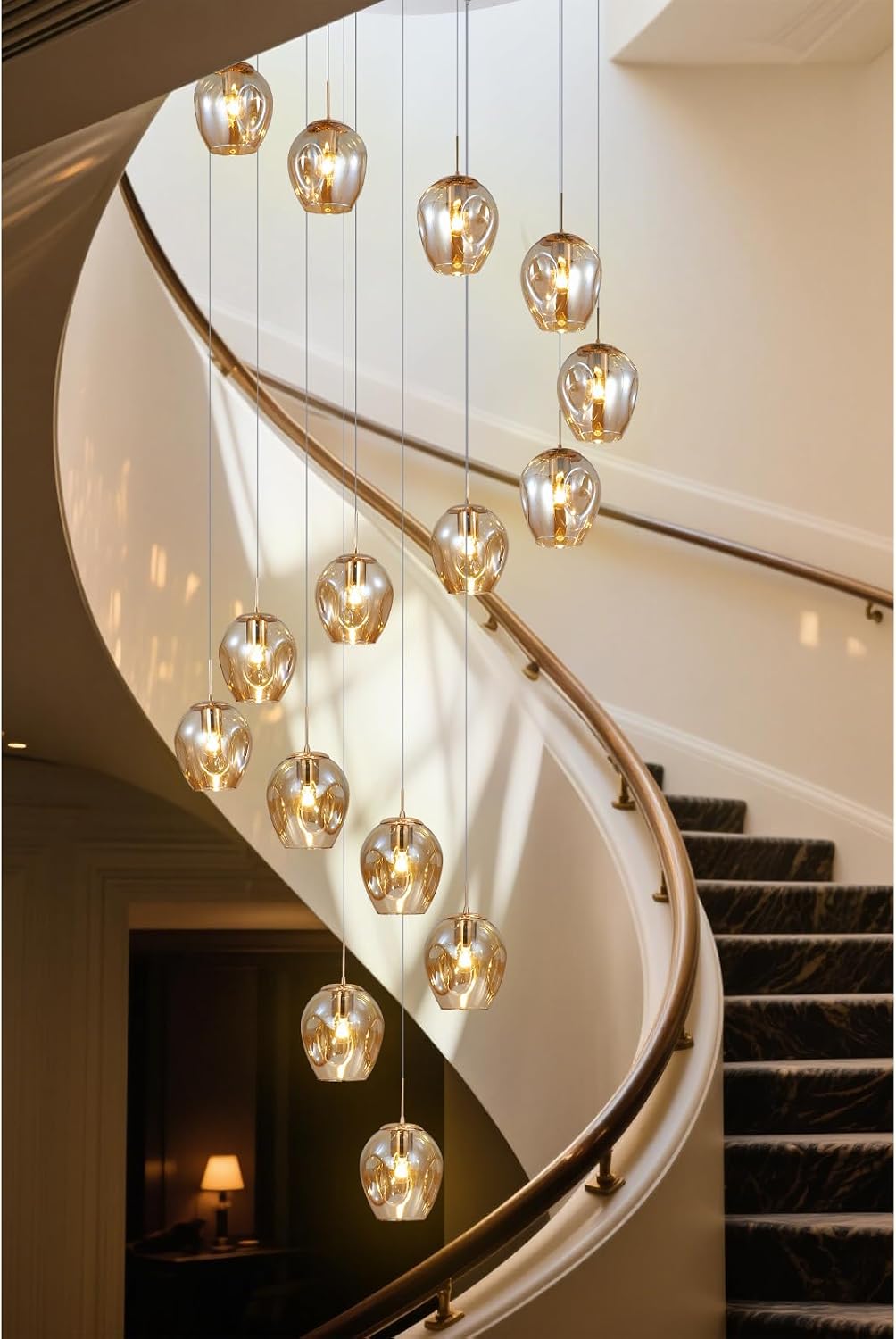 Long Chandeliers for High Ceilings,Modern Crystal Balls Pendant Light,Globe Raindrop Drop Lamp,Flush Mount Hanging Lighting Fixtures for Spiral Staircase,Foyer,Entryway,Living,15 Lights