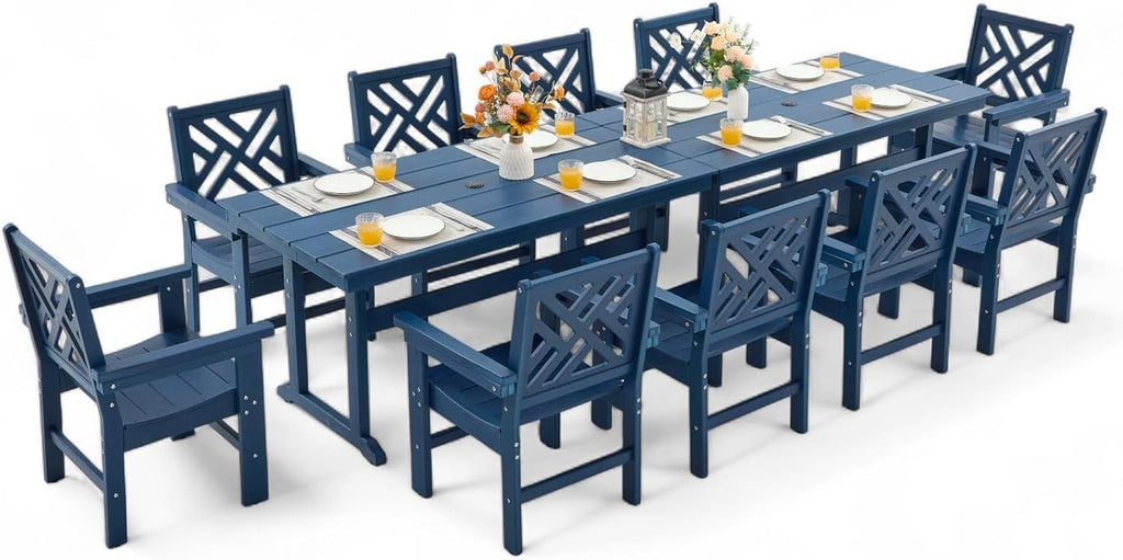 12 Piece HDPE Outdoor Dining Set for 10, Patio HDPE Furniture Set with 2 Table and Umbrella Hole, Outdoor Table and Chairs for Garden, Poolside, Backyard, Deck