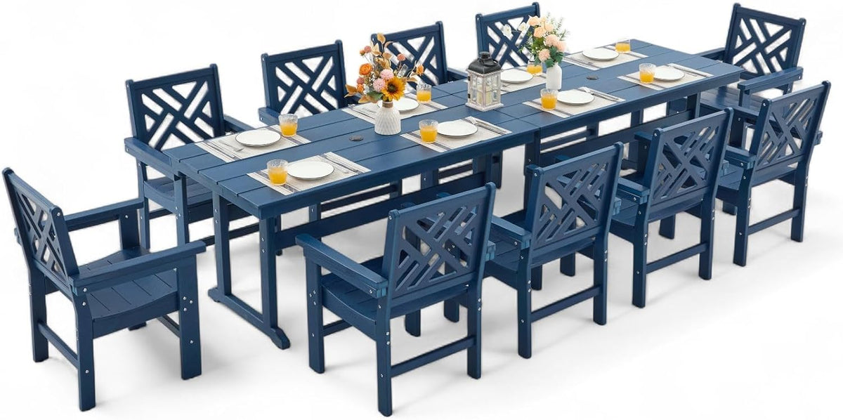 12 Piece HDPE Outdoor Dining Set for 10, Patio HDPE Furniture Set with 2 Table and Umbrella Hole, Outdoor Table and Chairs for Garden, Poolside, Backyard, Deck