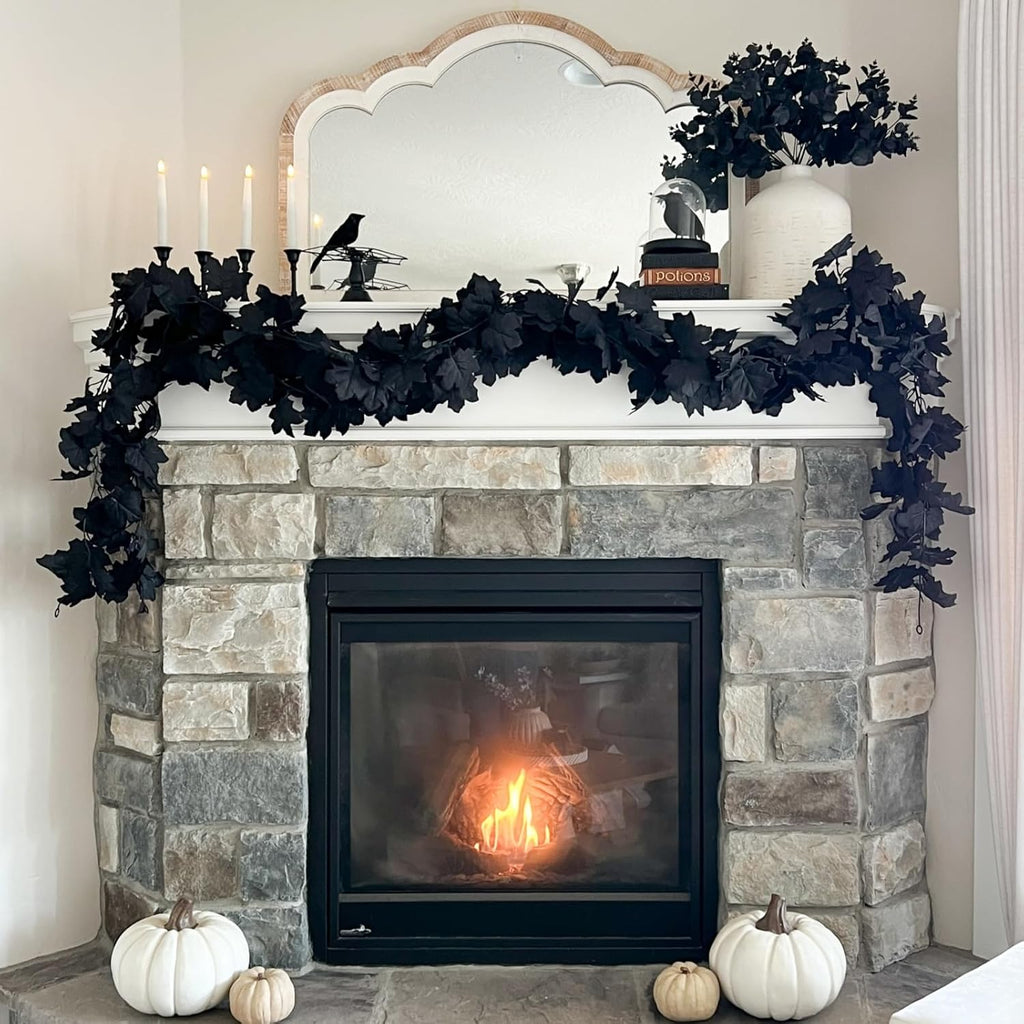 CQURE 7 Pack Black Fall Leaf Garland, Total 41.3Ft Halloween Garland Hanging Vines Artificial Fall Maple Leaves Thanksgiving Decor for Home Wedding Fireplace Christmas