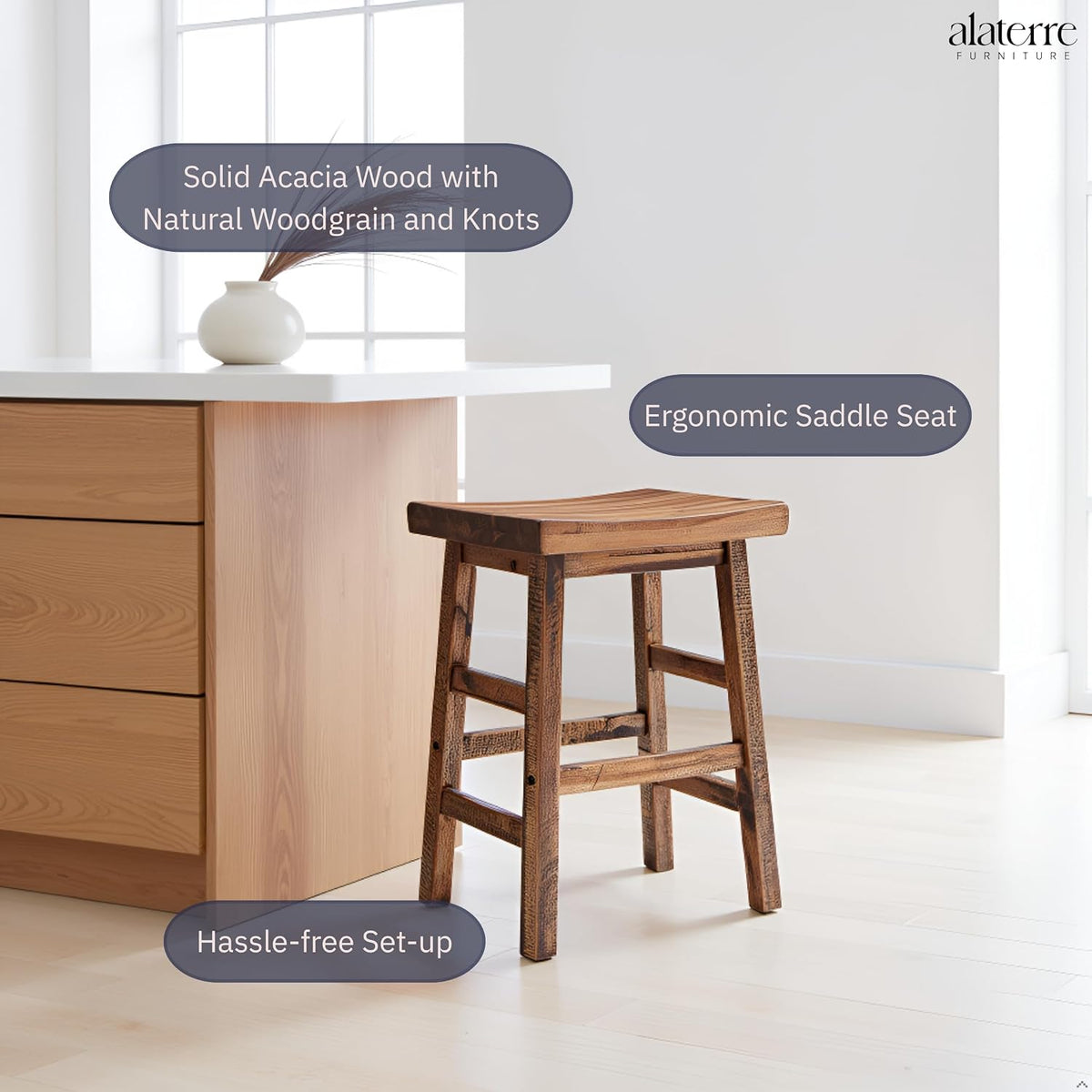 Alaterre Durango Solid Wood Rustic Bar Stool, Natural, 26-Inch