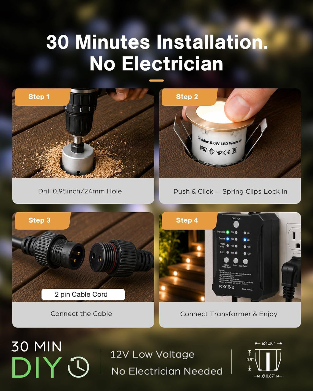 hiboitec 20 packs low voltage deck lights kit, close-up detail