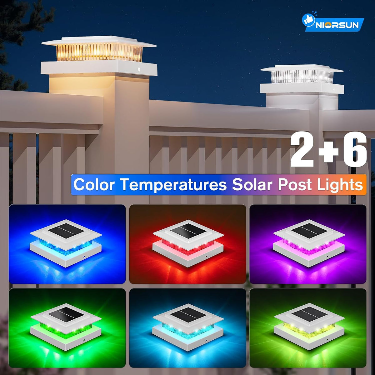 NIORSUN 4x4 Post Solar Lights Color Changing,Solar Post Light,12 Pack White