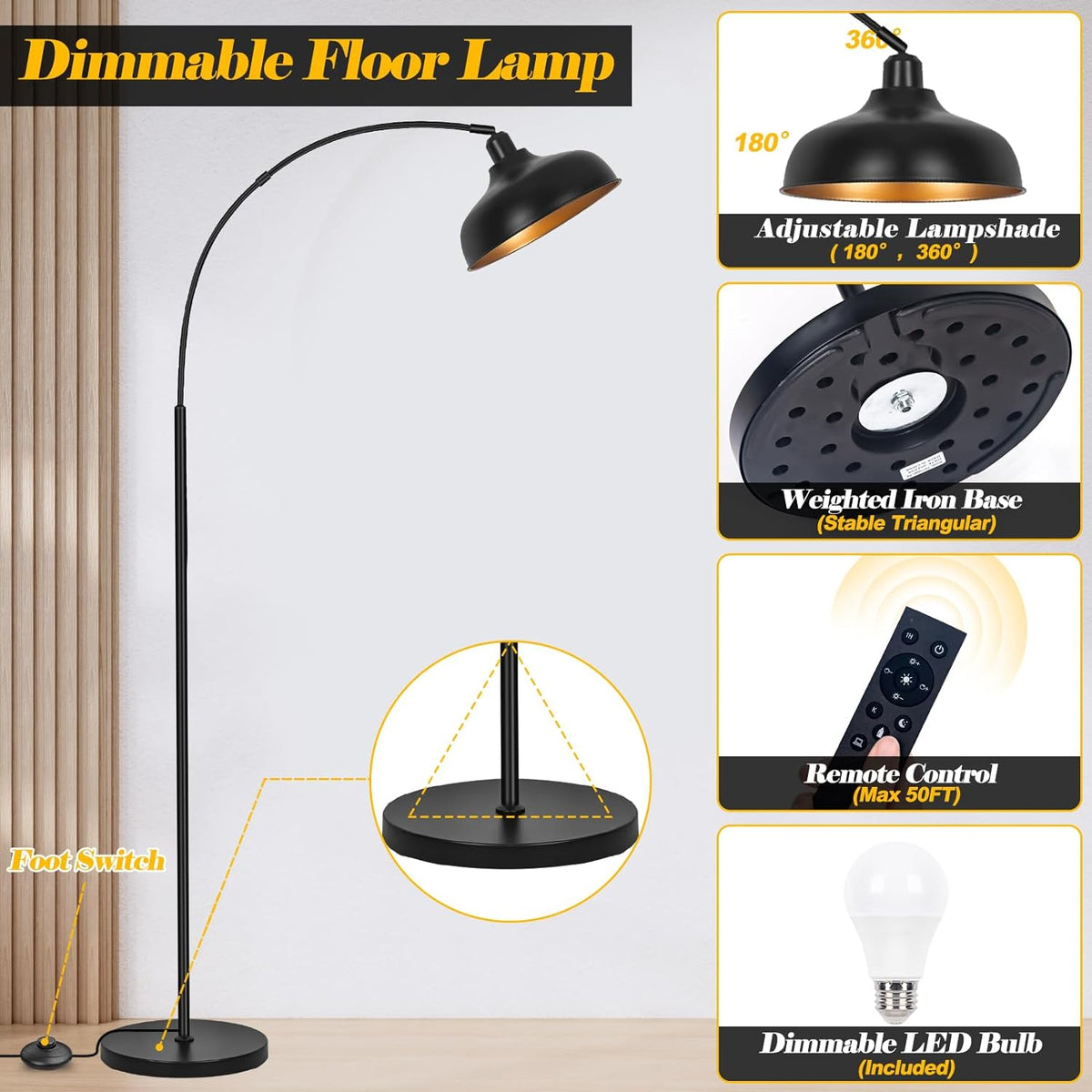 Arch Floor Lamps with Remote, Dimmable Floor Lamp 70” Black Tall Lamp