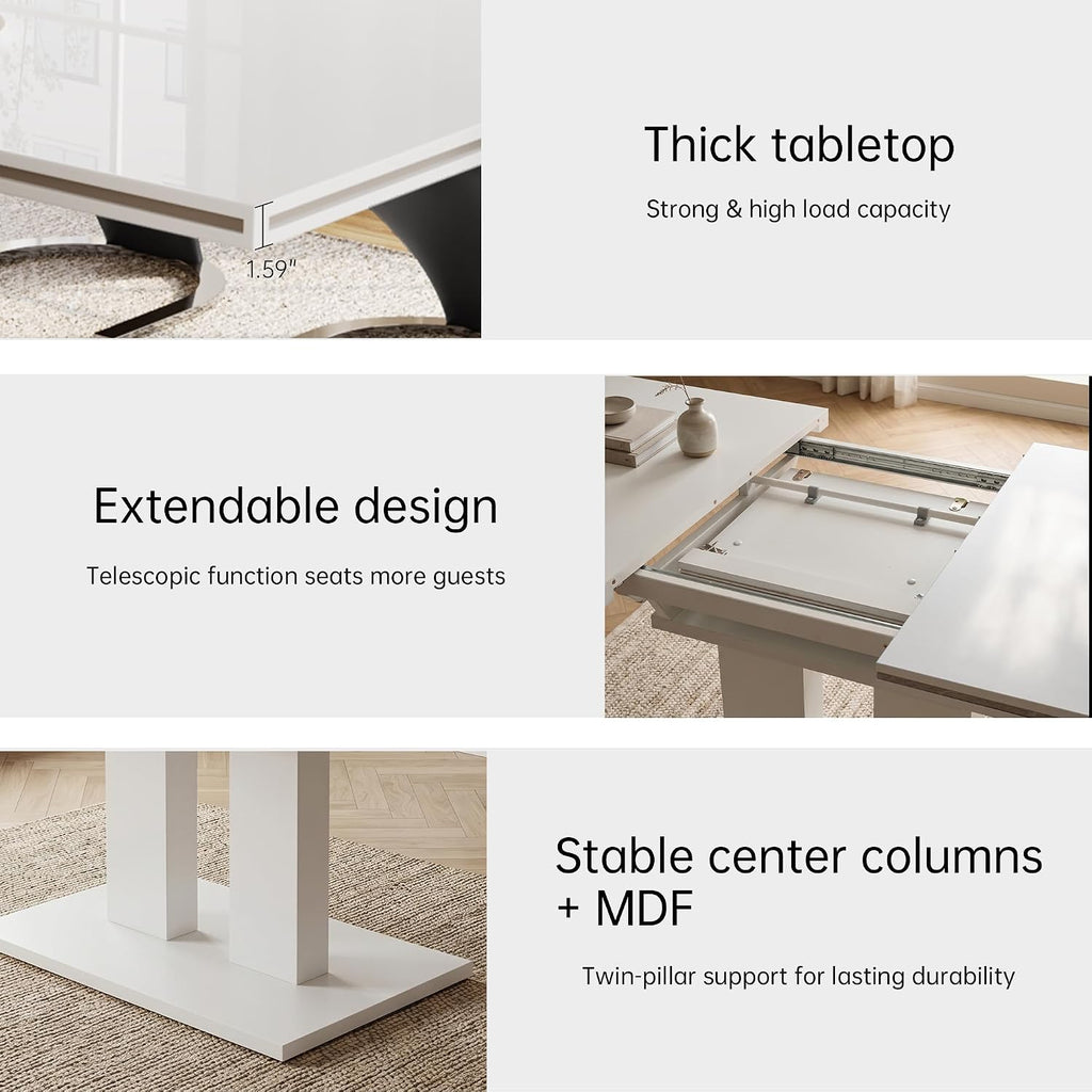 HIPIHOM Extendable Dining Table Set, White Table + 6 Beige Pu Chairs