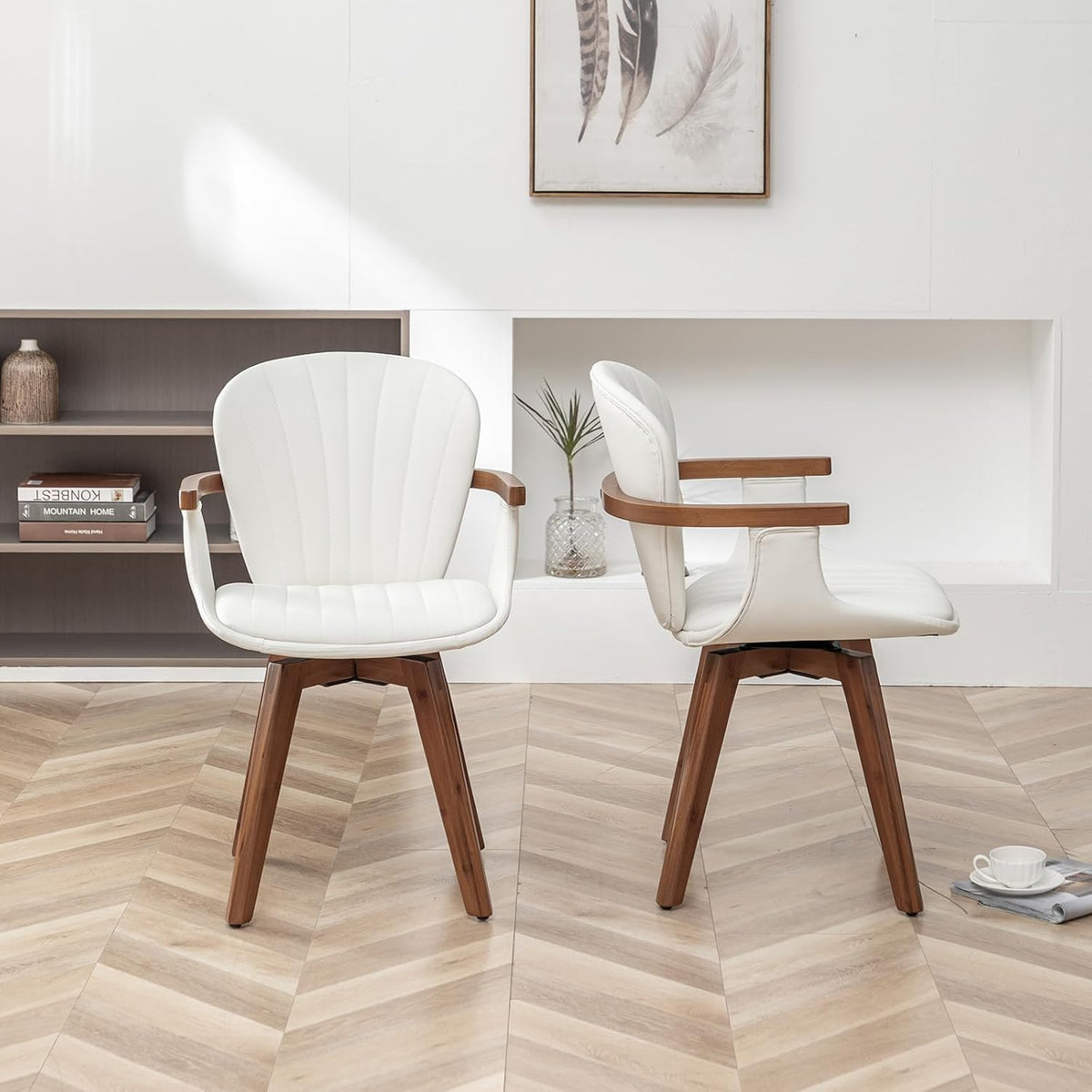 LUNLING Swivel Dining Room Chairs Set of 2,Mid Century Modern White Faux Leather Kitchen Chair with Arms,Bamboo Legs Side Chairs No Wheels,Accent Chair for Dining Rooms and Offices