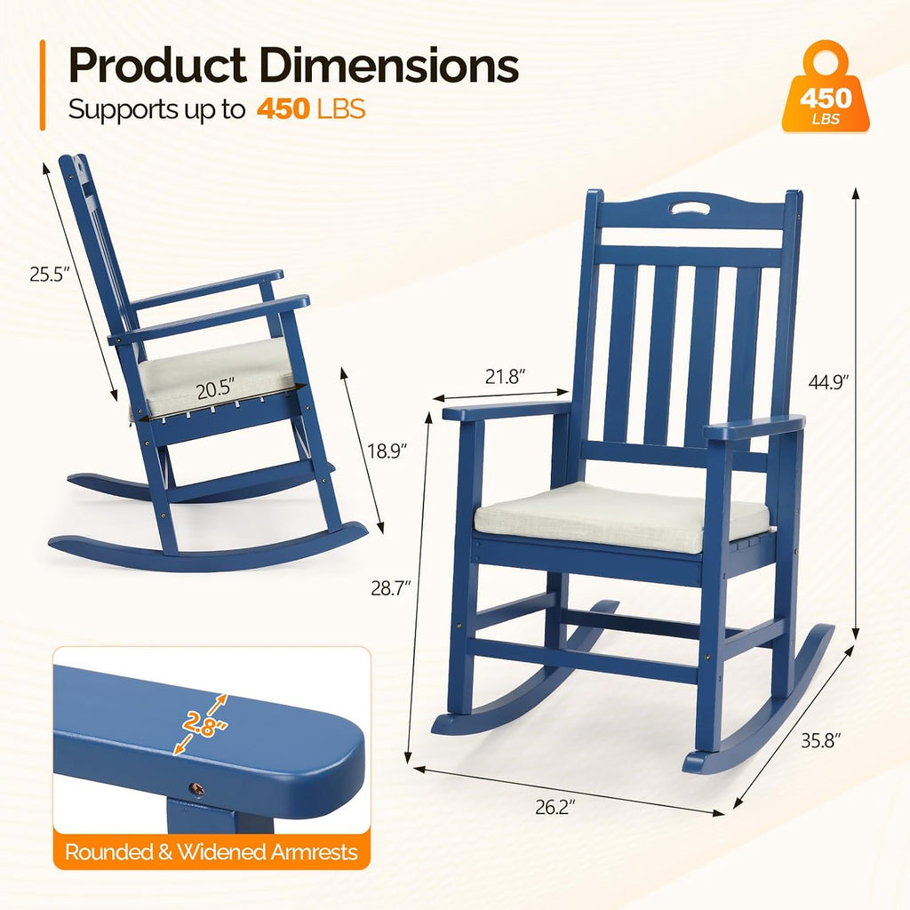 VINGLI Outdoor Rocking Chair Set of 2 Wood Rocking Chair with Cushion Blue