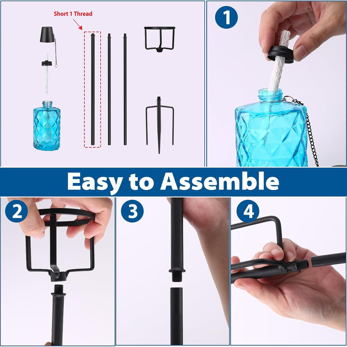 ZSPENG 4 Pack Blue Glass Garden Torch 12 oz Outdoor Torch Garden Décor,60-Inch Upgraded Citronella Torches with 3-Prong Grounded Stake for Party Patio Pathway