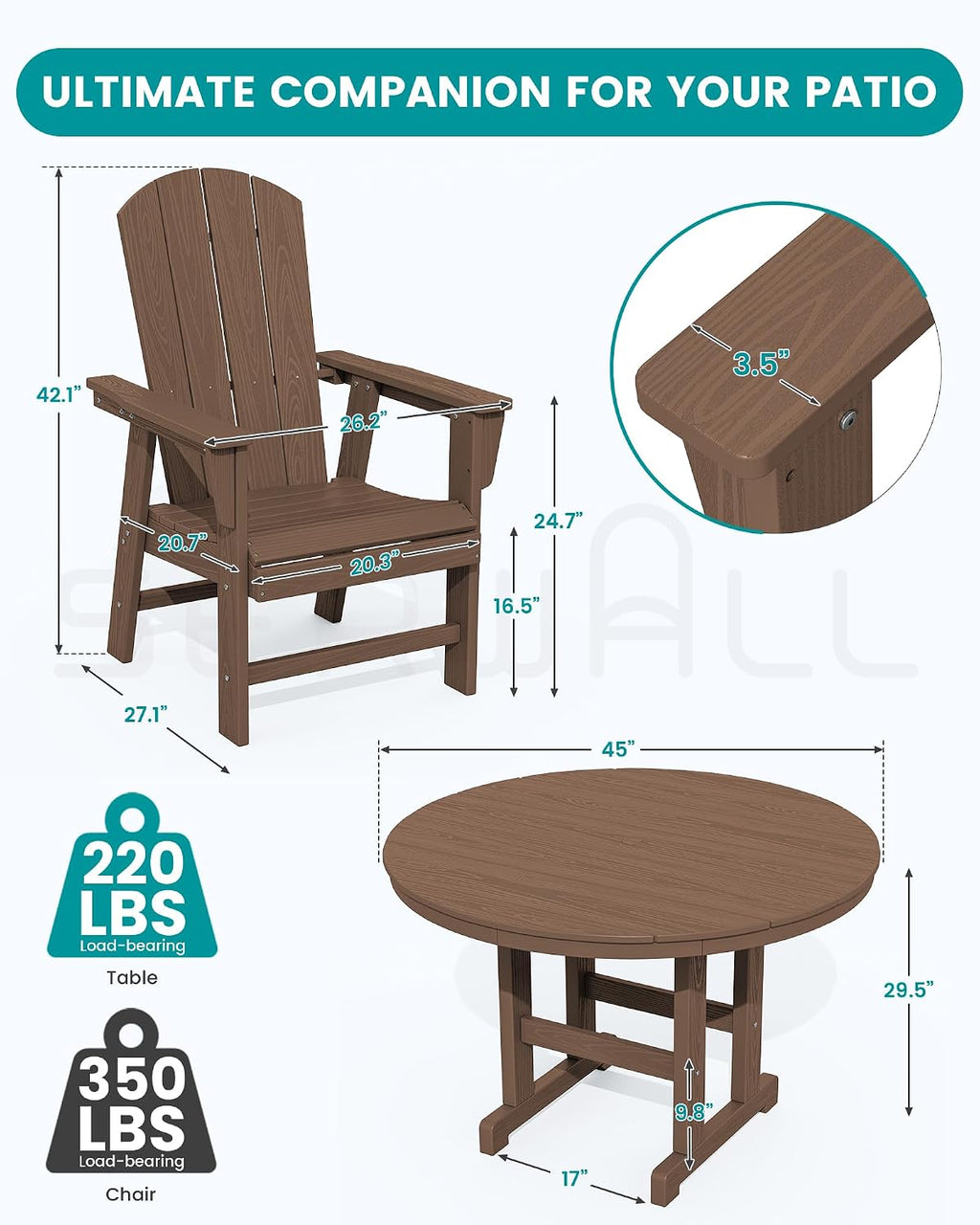 SERWALL 5-Piece Patio Dining Set, 45" Table & 4 Adirondack Chairs, Brown