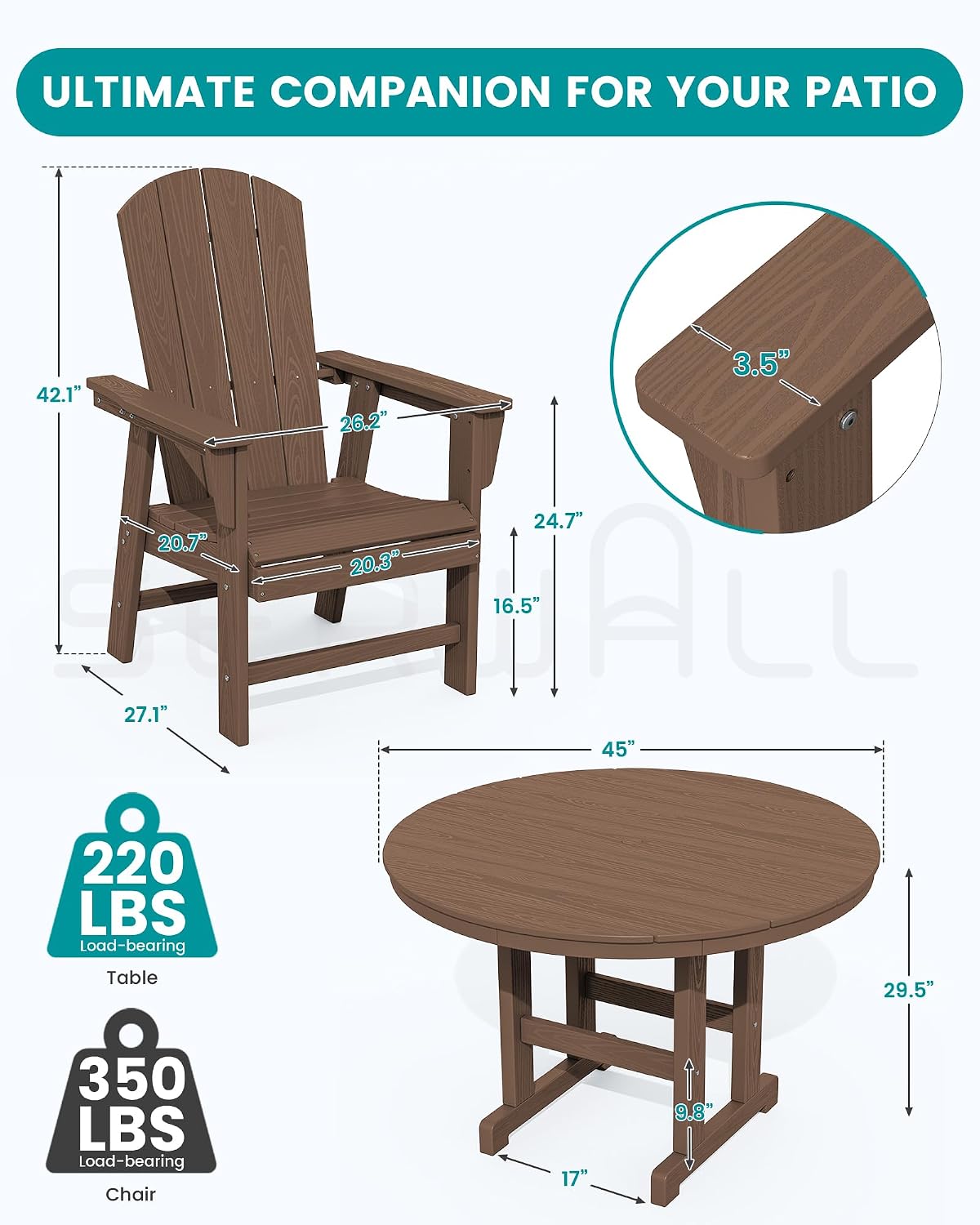 SERWALL 5-Piece Patio Dining Set, 45" Table & 4 Adirondack Chairs, Brown