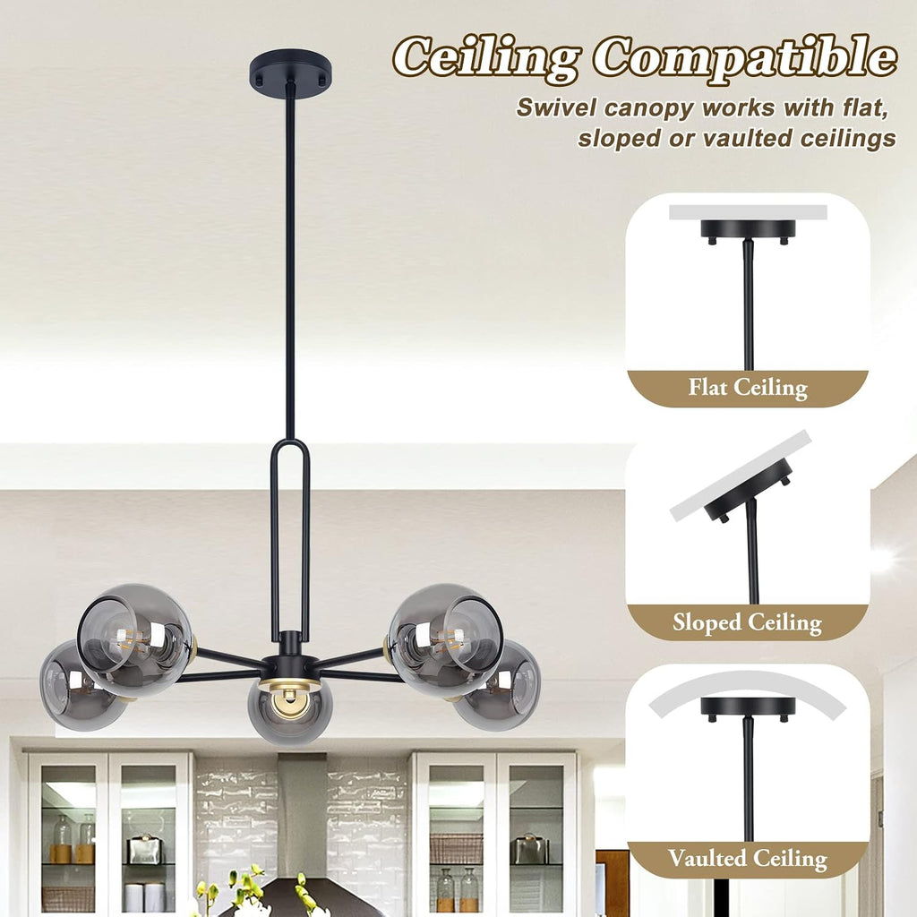 5-Light Black Sputnik Smoked Glass Ceiling Light Globe Chandelier