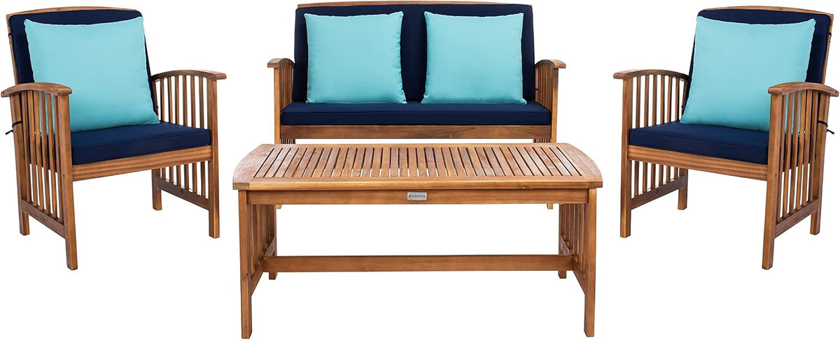 SAFAVIEH Outdoor Collection Rocklin Natural/ Navy Cushions/ Light Blue Pillows 4-Piece Conversation Patio Set